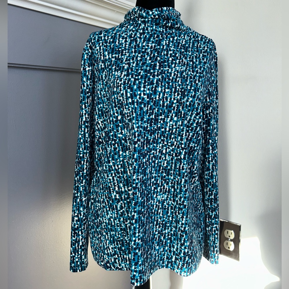 Susan Graver Blue Black Mock Neck Long Sleeve Top Size M
